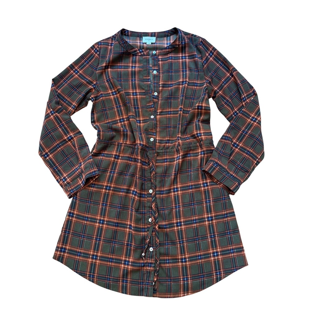Everly Shirt Dress Women Green Orange Plaid Excellent Drawstring Mini SIZE S